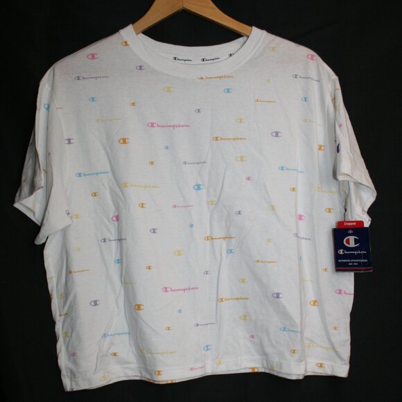NWT Women's Champion T Shirt White Mulit Logo Cropped Size 1X - Picture 2 of 5